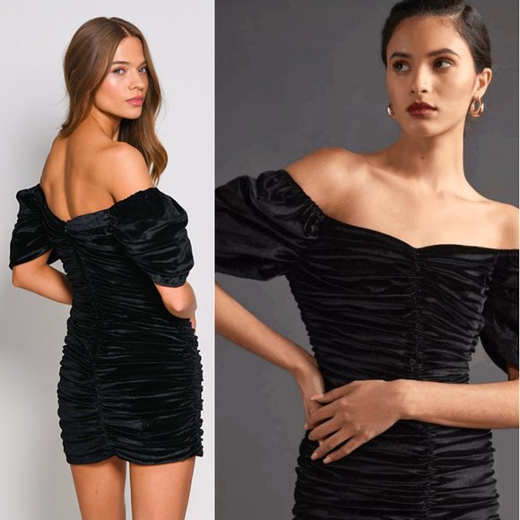 Anthropologie Dresses & Skirts - NEW Anthropologie x Hutch Ruched Black Velvet Mini Dress Puff-Sleeved Cocktail